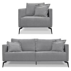 Imagem de Kit Poltrona E Sofá Living 2 Lugares 1,60M Sirius Linho Grafite Pés Me