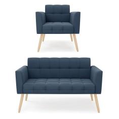 Imagem de Kit 1 Sofá Namoradeira E 1 Poltrona Elisa Suede Pés Palito Natural - D`rossi Cor Azul Marinho