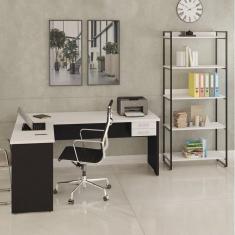 Imagem de Conjunto Home Office 2 Peças com Escrivaninha Work30 e Estante Kuadra Snow/Preto Ônix