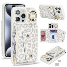 Imagem de Lipvina Capa para iPhone 14 Plus com porta-cartões - bolso com zíper, suporte para cartão de crédito, bloqueio de RFID, anel de suporte, capa carteira de telefone para mulheres e homens (leopardo