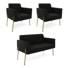 Imagem de Sofá Namoradeira E 2 Poltronas Pé De Ferro Dourado Marisa Suede D03 Preto