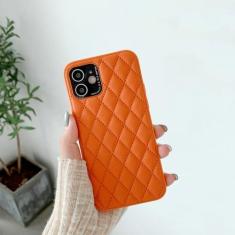 Imagem de Capa de telefone de couro duro de treliça de proteção de pára-choques de luxo para iPhone 13 12 Pro Max 7 8 Plus X XS XR 11 SE 2022 Capa de lente de metal, laranja, para iPhone Xs Max