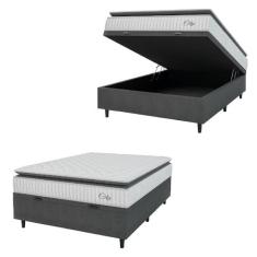 Imagem de Cama Box Baú Colchão Casal Molas Ensacadas City Pillow Top 138x188x64cm Branco/Cinza Hellen - Suporta até 110kg por Pessoa