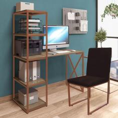 Imagem de Kit Escritório Mesa Max BeX 5 Prateleiras e Cadeira Stan Bronze Tampo Caramelo Sintético Marrom - Ahz Móveis