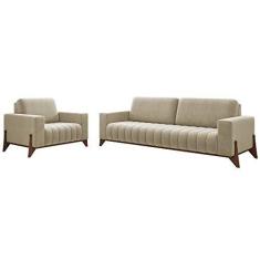 Imagem de Jogo de Sofá 1 e 3 Lugares Sala de Estar Base Madeira Verônica Linho Bege - Gran Belo