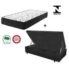 Imagem de Cama Box Baú Green Solteiro Preto Suede + Colchão Espuma D28 88x188x16