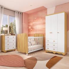 Imagem de Quarto de Bebê com Guarda Roupas 3 Portas Cômoda e Berço com Rodizio Mimo 100% Mdf Espresso Móveis Branco Brilho/Amêndoa