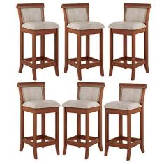 Imagem de Kit 6 Banquetas Média Estofada Encosto Mônaco 36x90Cm Bancada Madeira Maciça Linho Bege M58 - RMI