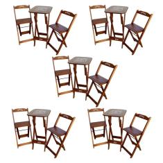 Imagem de Kit 5 Conjuntos Bistrô Mesa Com 2 Banquetas Dobráveis De Madeira Personalizada Jack - Imbuia Marrom