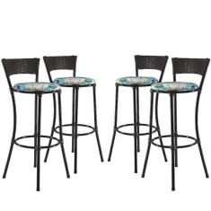Imagem de Kit Com 4 Banquetas Alta Forts Fibra Uv Bancada, área Goumert, Bar, Piscina, Balcão, Floral Azul