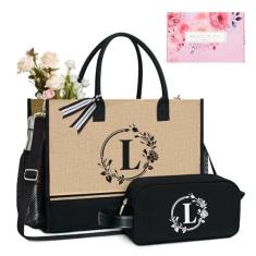 Imagem de TOPDesign Bolsa de juta com inicial personalizada com 5 bolsos, fecho de zíper superior, conjunto de para mulheres, mães, professores, Preto e marrom, Large