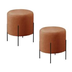 Imagem de Conjunto - 2 Puffs Banqueta Odim Base Metálica Preta Luxo Linho Terracota