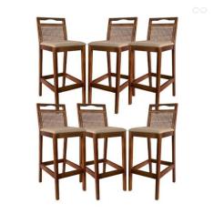 Imagem de Kit 6 Banquetas para Bancada Alta de Madeira Valência Rattan Castanho Linho Bege CCS