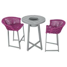 Imagem de Conjunto Bistrô Champanheira Cinza Tampo Ripado E 2 Banquetas Reis Corda Náutica Rosa - Cor: Rosa