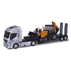 Imagem de Brinquedo Caminhão Iveco Hi Way Plataforma Retroescavadeira Case Construction Cinza