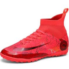 Imagem de DISRATEBLU Sapatos de futebol para crianças, meninos, meninas, tênis de treinamento de futebol juvenil, terreno firme, grama atlética, uso ao ar livre, tênis de futebol profissional, Vermelho, 16