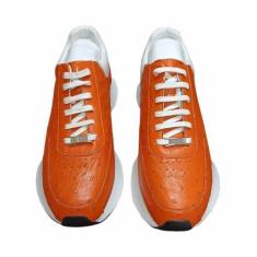 Imagem de Tênis de caminhada masculino autêntico verdadeiro verdadeiro pele de avestruz laranja branco com cadarço couro exótico genuíno masculino casual macio sapatos rasos, Laranja, 39