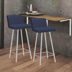 Imagem de Kit Mesa Suspensa de Parede Fixa mdf Freijó + 2 Banquetas Lexi Ferro Branco Sintético Azul Marinho - Ahazzo Móveis