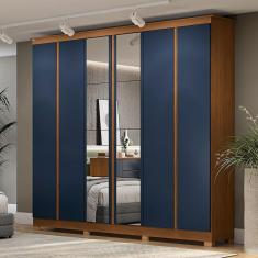 Imagem de Guarda-Roupa Casal 6 Portas 3 Gavetas com Espelho Cb01r Canela/Azul Profundo - Kappesberg