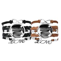 Imagem de DIYthinker Pulseira com textura de linhas irregulares escovadas, alça de mão, pulseira de couro com corda de couro, conjunto duplo para presente