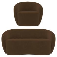 Imagem de Sofá 2 Lugares Living 160cm E 1 Poltrona Giratória Garbin K04 Veludo Marrom - Mpozenato