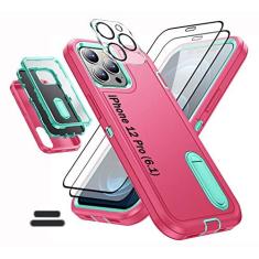 Imagem de ymxdmd A capa é especialmente projetada para iPhone 12 Pro de 6,1 polegadas, proteção total resistente com absorção de choque, suporte integrado de borracha de silicone 3 em 1 com 2 películas