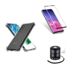Imagem de Kit Mini Som Bluetooth Samsung S21 FE + Capa Anti Impacto + Película Vidro 3D