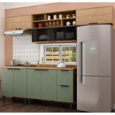 Imagem de Cozinha Modulada Toscana em Mdf 5 Peças com Aéreo 1200 Porta de Vidro e Aéreo Geladeira com Tampo Freijó/Jade