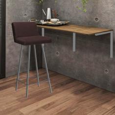 Imagem de Kit Mesa Suspensa de Parede Fixa MDF Freijó + 1 Banqueta Lexi Ferro Cinza Sintético Marrom - Ahazzo Móveis