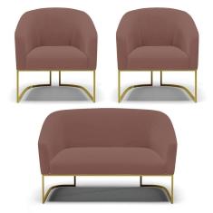 Imagem de Sofá Namoradeira E 2 Poltronas Base Industrial Dourado Stella Veludo D03 - D`rossi Cor Rose