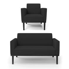 Imagem de Sofá Namoradeira Com Poltrona Base De Madeira Fixa Preto Marisa Veludo D03 - D`Rossi Preto