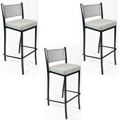 Imagem de Kit 3 Banquetas EMPILHÁVEL Preta alta assento Linho - Poltronas do Sul