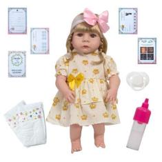 Imagem de Boneca Estilo Reborn Realista Loira Vinil Kit 13 Acessórios - Cegonha