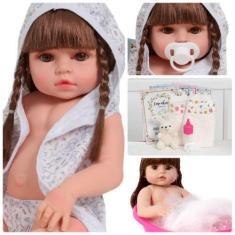 Imagem de Boneca Reborn Bebê Linda Cabelo Castanho Roupão Coelho - Cegonha Rebor