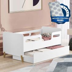 Imagem de Cama Infantil Com Cama Auxiliar Branco Cecilia VJ Móveis Com 2 Colchões Probel Guarda Costas