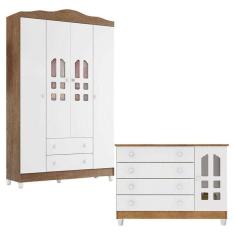 Imagem de Cômoda Gran Selena E Guarda Roupa Infantil New Selena 4 Portas Branco Acetinado Amadeirado