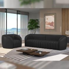Imagem de Conjunto Sala De Estar Sofá 332Cm 4 Lugares E Poltrona Adam Pu Preto G45 - Gran Belo
