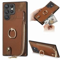 Imagem de Capa de couro com suporte de anel de carteira para cartões com zíper para Samsung Galaxy A54 A34 A14 A53 A12 A23 5G S23 Ultra S22 S21 Plus capa de bolsa, marrom, para Galaxy A73 5G