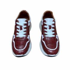 Imagem de Tênis masculino autêntico de pele de crocodilo bordô, branco, couro de jacaré, cor mista, cadarço masculino, casual, sapatilha, Vinho tinto, 39
