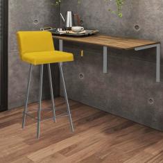 Imagem de Kit Mesa Suspensa de Parede Fixa MDF Freijó + 1 Banqueta Lexi Ferro Cinza Sintético Amarelo - Ahazzo Móveis
