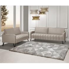 Imagem de Conjunto Sofá Living 3 E 2 Lugares - Pé De Ferro - Linho Bege - Estofa