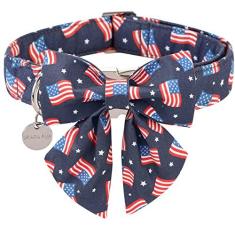 Imagem de UP URARA PUP Coleira patriótica para cães com gravata-borboleta, coleira para cachorro gravata borboleta de 4 de julho, coleira com bandeira americana para cães pequenos, coleira confortável de verão com fivela de metal, P, pescoço 25,4 a 40,6 cm