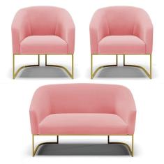 Imagem de Namoradeira E 2 Poltronas Base Industrial Dourado Stella Suede D03 - D`rossi Cor Rose