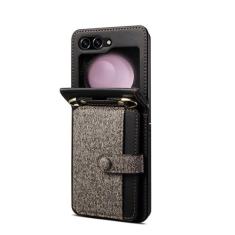 Imagem de Capa de telefone com zíper de anel crossbody para Samsung Galaxy Z Flip, carteira com capa de suporte de cartão, cinza, para Galaxy Z Flip 4