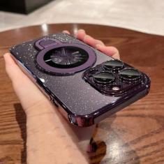 Imagem de Capa de carregamento sem fio luxuosa para iPhone 11 12 13 14 15 Pro Max Plus Glitter suporte de anel magnético capa transparente, roxa, para iPhone 12Pro Max