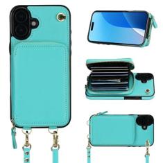 Imagem de Bocasal Capa tipo carteira transversal para iPhone 16 Plus, capa de couro com bloqueio de RFID com suporte para cartão, capa protetora flip com alça de pulso com zíper para mulheres 5G 6,7 polegadas