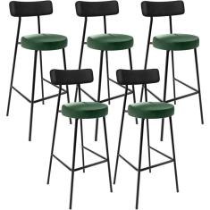 Imagem de Kit 05 Banquetas Alta Bar Cozinha Sala Jantar Milão L02 Couríssimo Preto Facto Verde - Lyam Decor