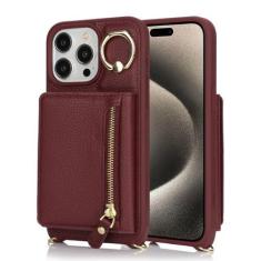 Imagem de Capa carteira de couro para telefone para iPhone 15 14 13 12 11 Pro Max XS X XR Capa protetora de couro com anel porta-cartões com zíper, vinho tinto, para iPhone 11ProMax