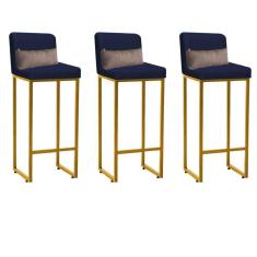 Imagem de Kit 03 Banqueta Alta com Encosto Lucca Industrial Cozinha Balcão Ferro Dourado Suede Azul Marinho e Almofada Bege - Ahazzo Móveis