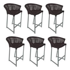 Imagem de Kit 6 Banquetas Reis Em Corda Náutica E Base Em Alumínio Cinza Para área Gourmet Externa Marrom